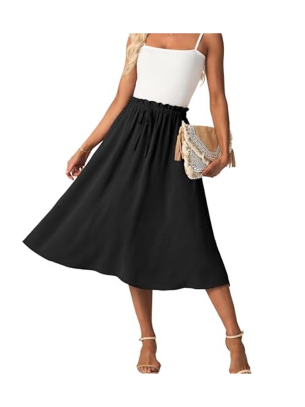 FREEOAK Black Midi Skirt High Waist Flowy A-Line Skirt with Pockets